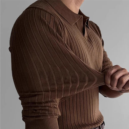 Luxury Knitted Jacquard V-Neck Polo – Long Sleeve Men's Knitwear
